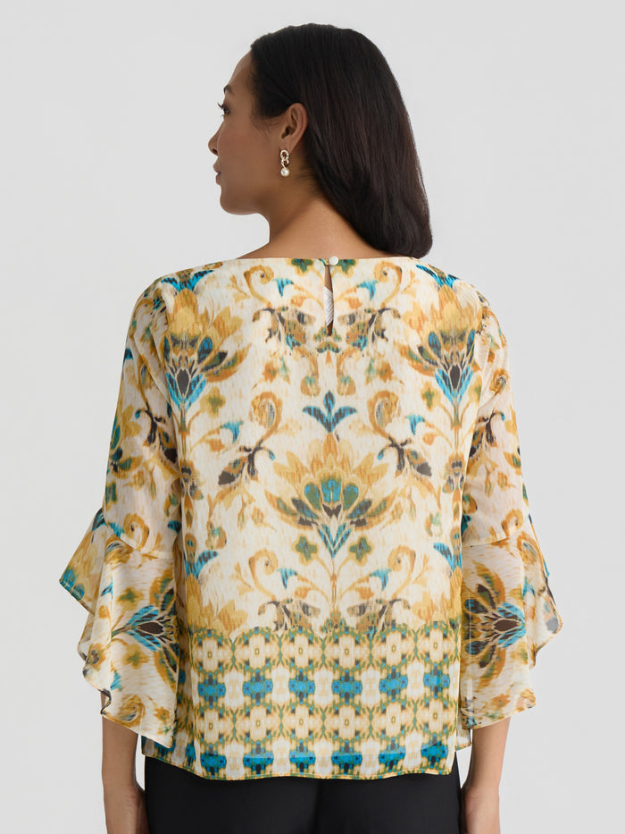 Plus Flounce Sleeve Blouse, Butterscotch Medallion | Kasper