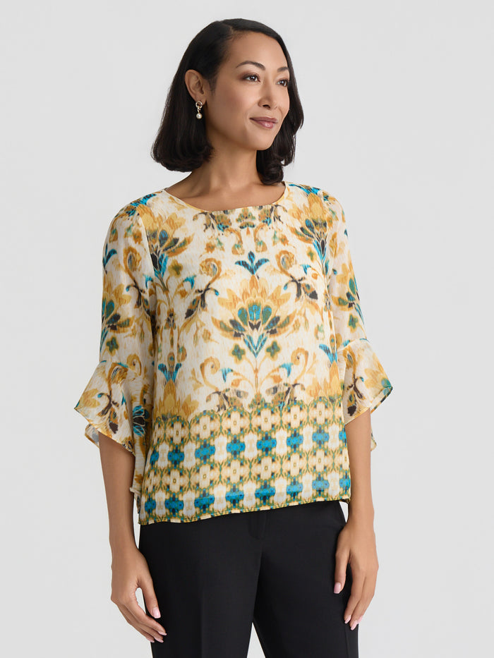 Plus Flounce Sleeve Blouse, Butterscotch Medallion | Kasper