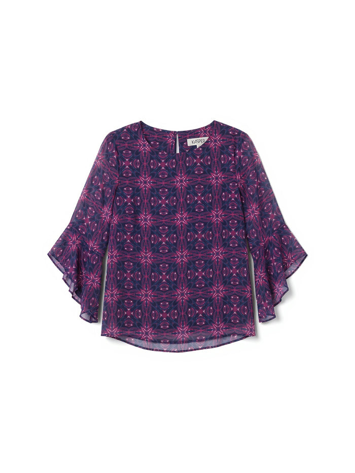 Plus Flounce Sleeve Blouse, Black Multi | Kasper