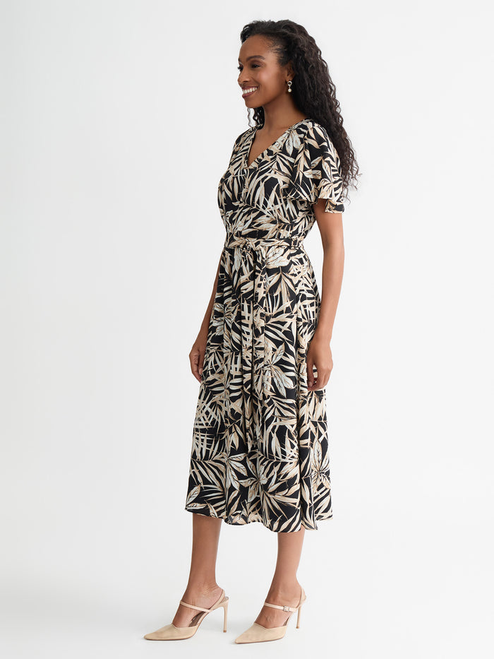 Plus Flutter Sleeve Fit-and-Flare Dress, Toasted Wheat/Black Multi | Kasper