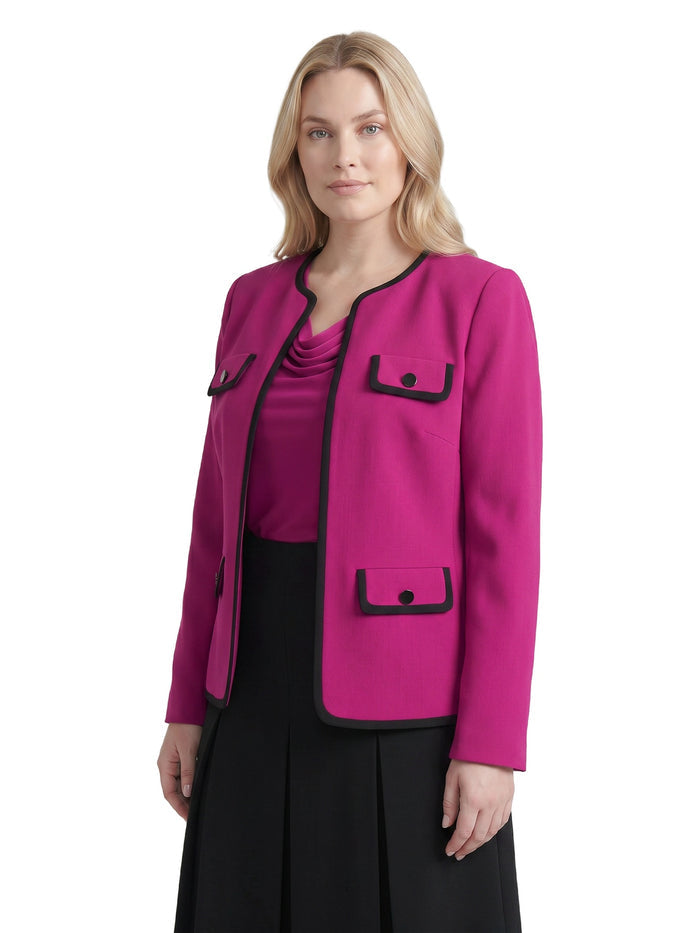 Plus Four Pocket Collarless Jacket, Cerise/Black | Kasper