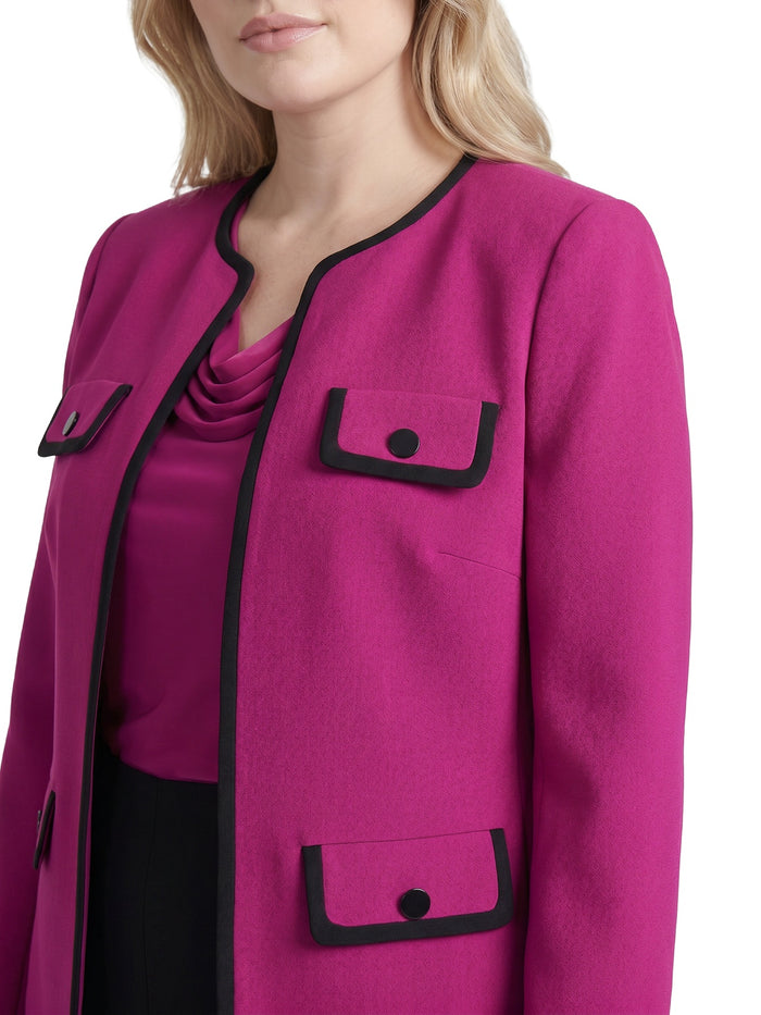 Plus Four Pocket Collarless Jacket, Cerise/Black | Kasper