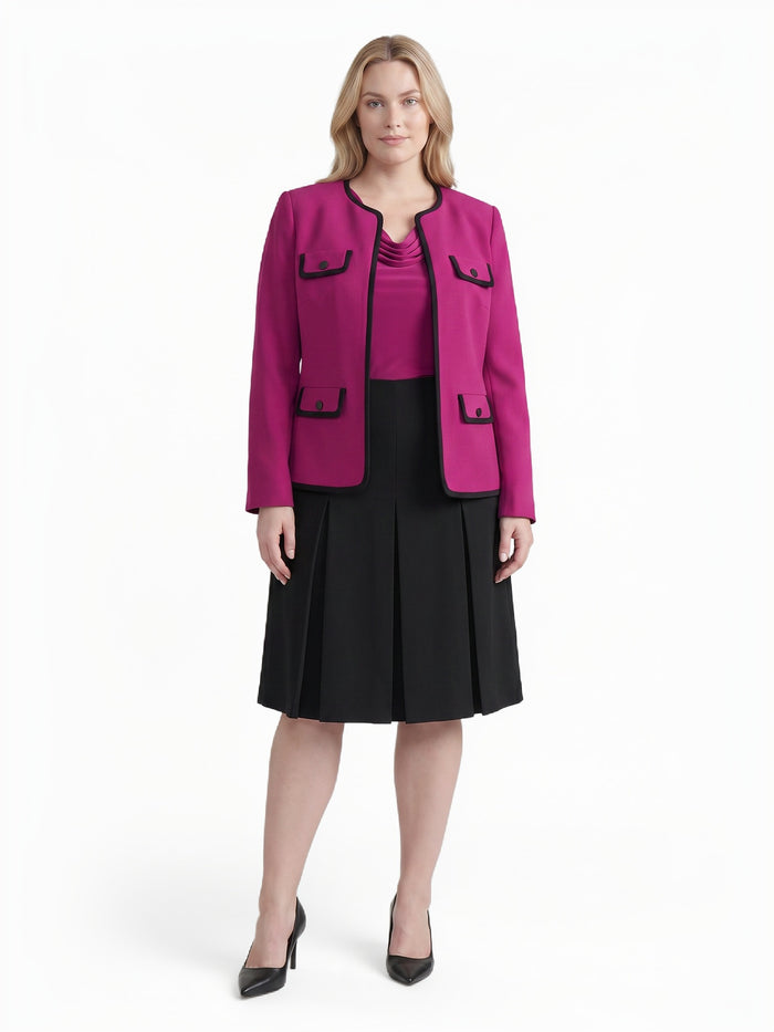 Plus Four Pocket Collarless Jacket, Cerise/Black | Kasper