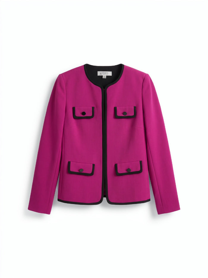 Four Pocket Collarless Jacket, Cerise/Black | Kasper