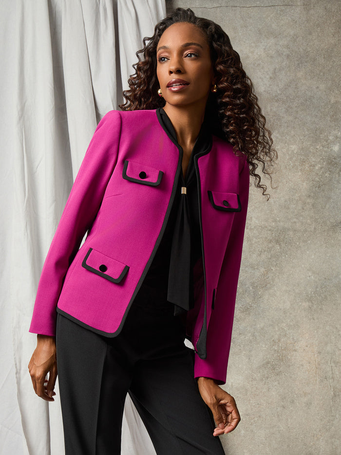 Four Pocket Collarless Jacket, Cerise/Black | Kasper