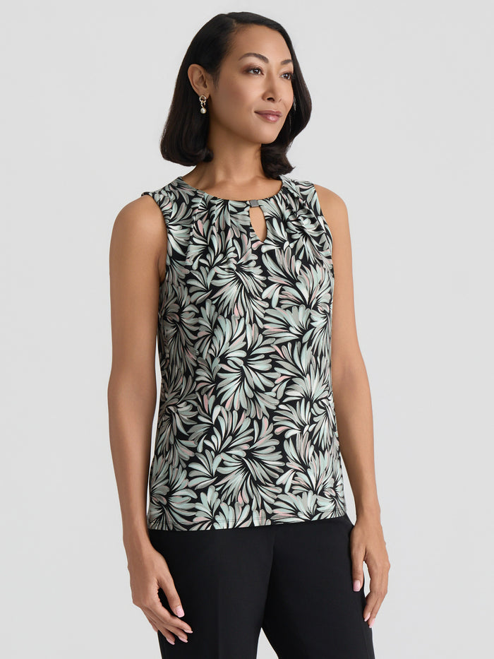 Plus Hardware Keyhole Pleat Top, Everyday Knit, Black/Sea Glass Botanical Multi | Kasper