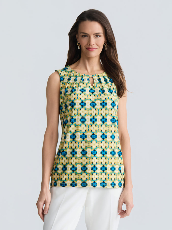 Plus Delicate Hardware Pleat Neck Top, Butterscotch Diamond Multi | Kasper