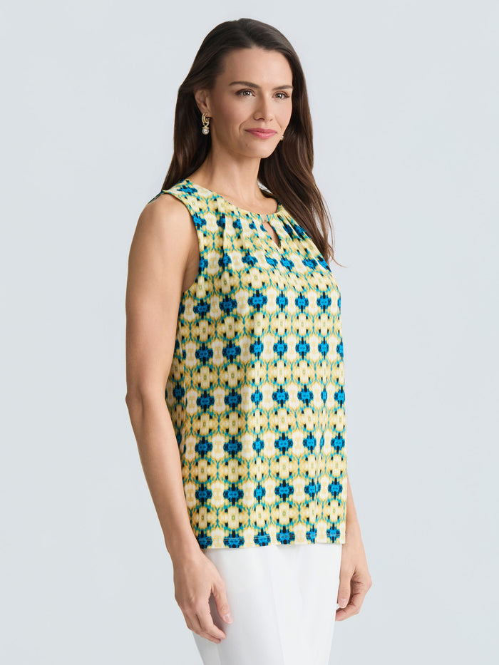 Plus Delicate Hardware Pleat Neck Top, Butterscotch Diamond Multi | Kasper
