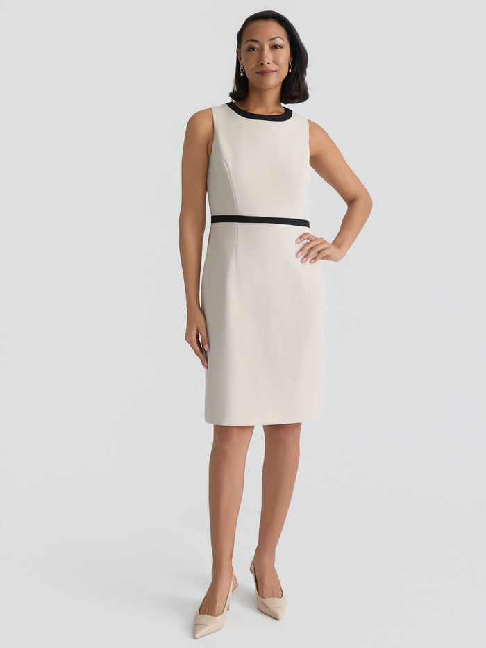 Plus Jewel Neck Waistband Sheath Dress, Stretch Crepe, Parchment/Black | Kasper