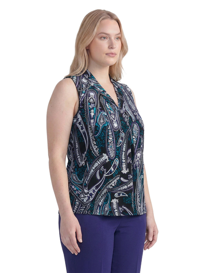 Plus Knot Front Sleeveless Top, Everyday Knit, Black Paisley Multi | Kasper