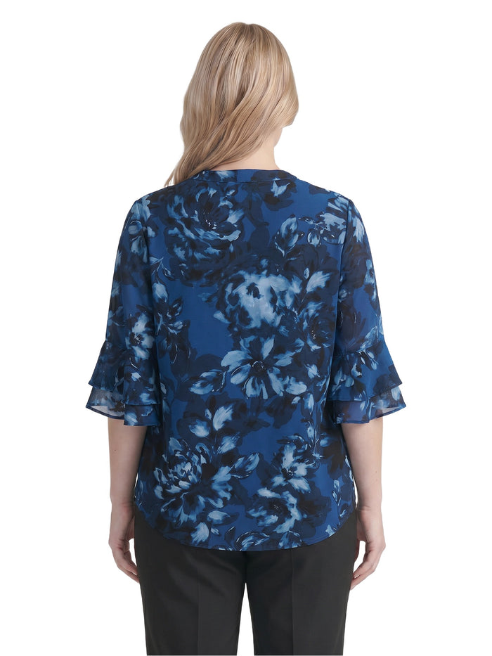 Plus Mixed-Media Flutter Sleeve Top, Blue Night Multi | Kasper