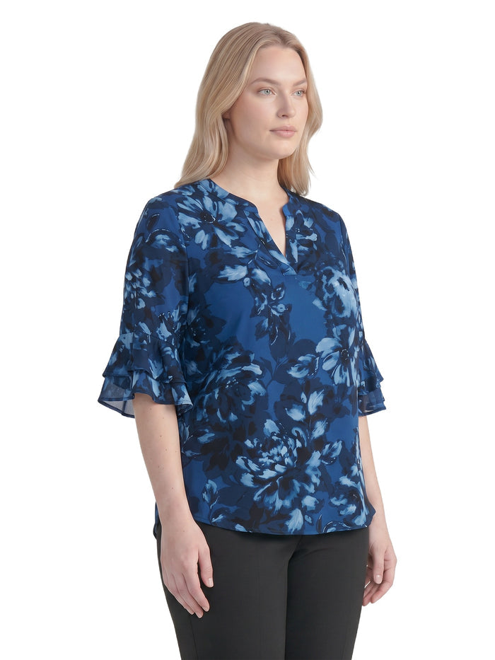 Plus Mixed-Media Flutter Sleeve Top, Blue Night Multi | Kasper