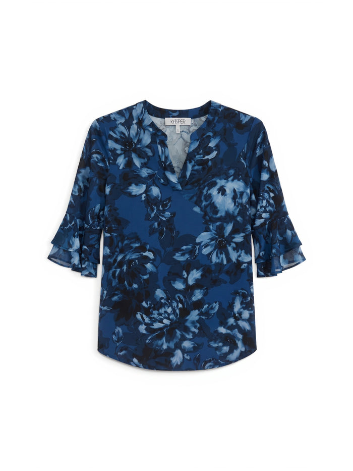 Petite Mixed-Media Flutter Sleeve Top, Blue Night Multi | Kasper