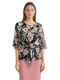 Mixed Media Tie-Front Blouse, Black/Tearose Floral Multi | Kasper