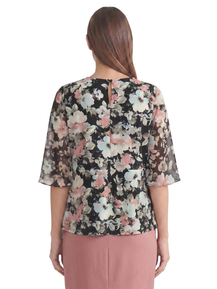 Mixed Media Tie-Front Blouse, Black/Tearose Floral Multi | Kasper