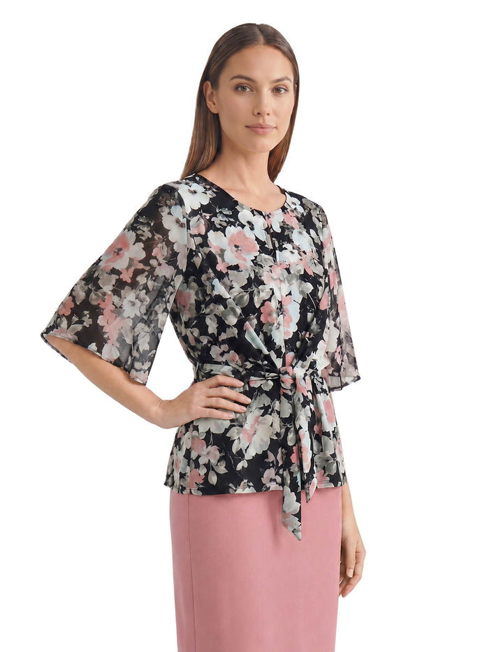 Mixed Media Tie-Front Blouse, Black/Tearose Floral Multi | Kasper