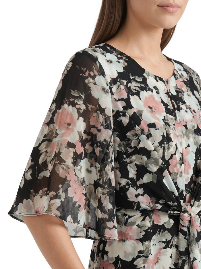 Mixed Media Tie-Front Blouse, Black/Tearose Floral Multi | Kasper