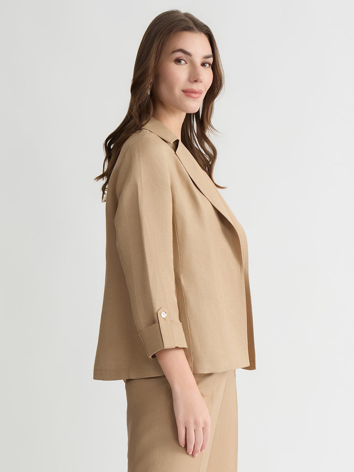 Plus Open Front Lapel Jacket, Linen, Toasted Wheat | Kasper