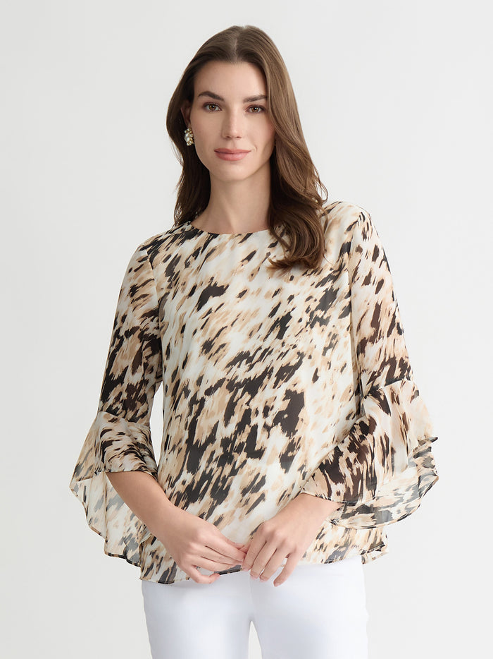 Plus Printed Flounce Sleeve Blouse, Toasted Wheat Multi | Kasper