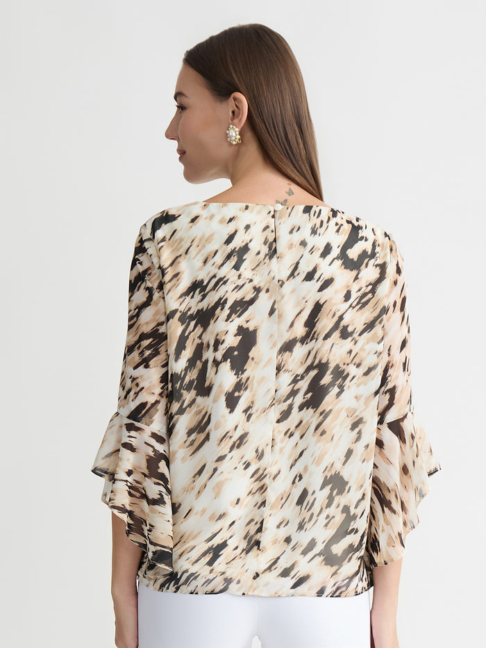 Plus Printed Flounce Sleeve Blouse, Toasted Wheat Multi | Kasper