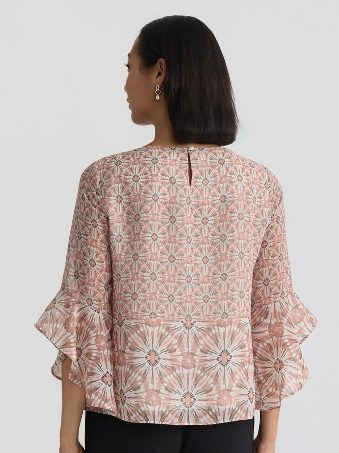 Plus Printed Flounce Sleeve Blouse, Tearose Sunburst Multi | Kasper