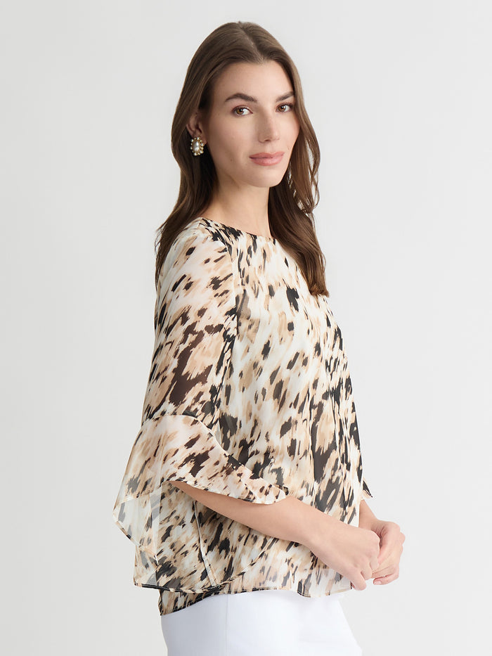 Plus Printed Flounce Sleeve Blouse, Toasted Wheat Multi | Kasper