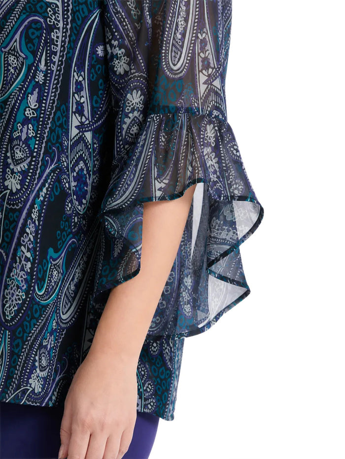 Plus Printed V-Neck Flounce Sleeve Blouse, Black Paisley Multi | Kasper