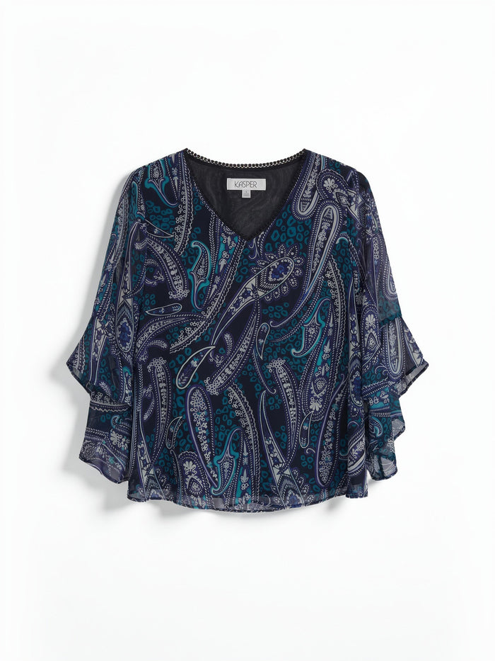 Printed V-Neck Flounce Sleeve Blouse, Black Paisley Multi | Kasper