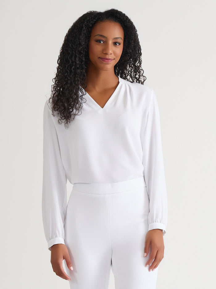 Ruffle Sleeve V-Neck Blouse, White, White | Kasper