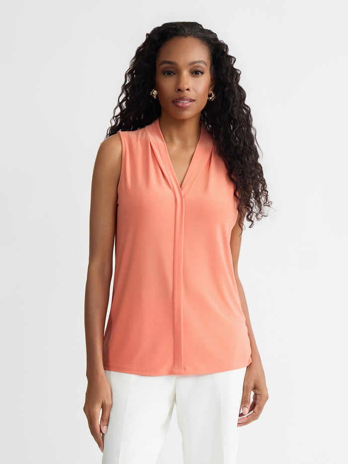 Plus Sleeveless Pleat Neck Top, Everyday Knit, Mandarin | Kasper