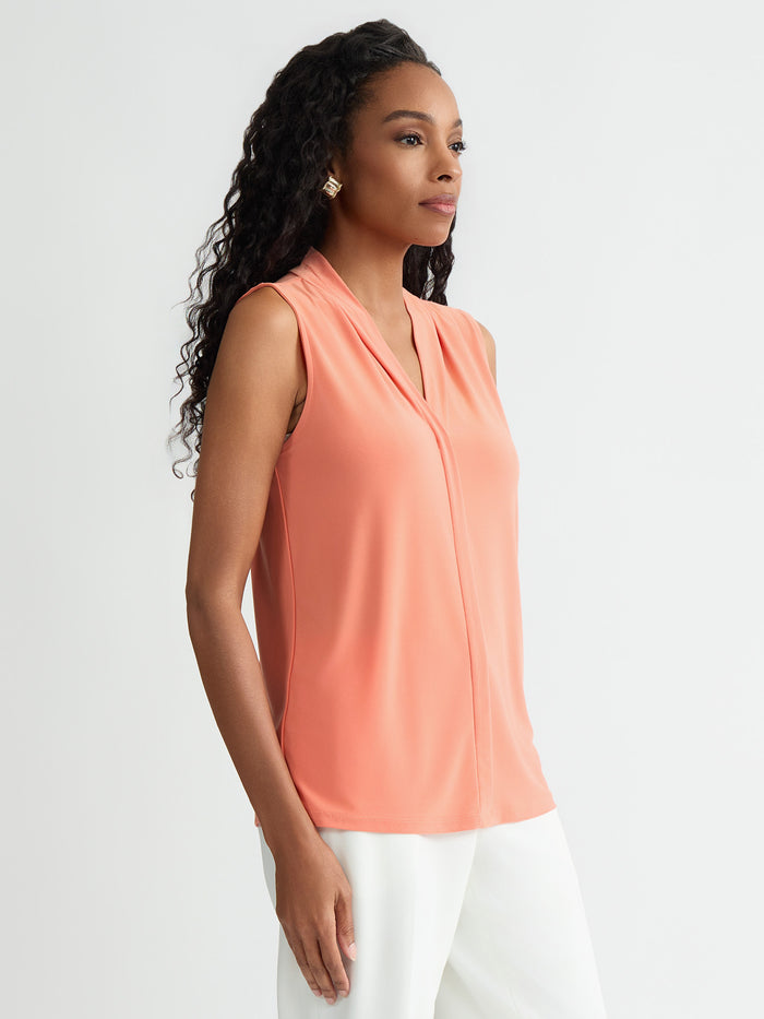 Plus Sleeveless Pleat Neck Top, Everyday Knit, Mandarin | Kasper