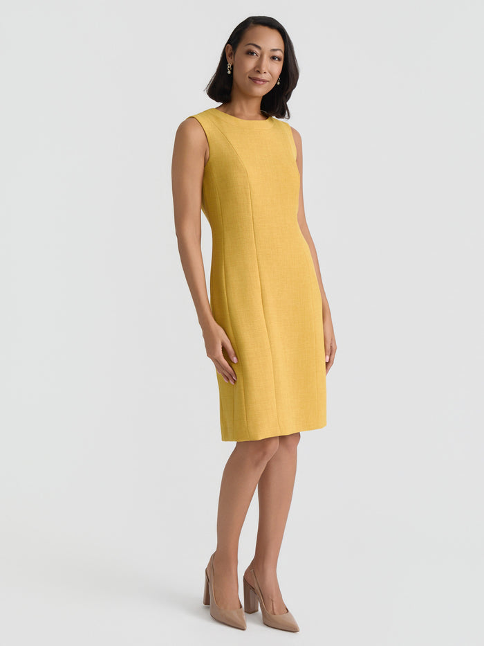 Plus Sleeveless Sheath Dress, Pebble Crepe, Butterscotch | Kasper