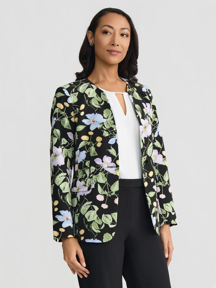 Plus Split Sleeve Jacket, Printed Scuba, Black Garden Multi | Kasper