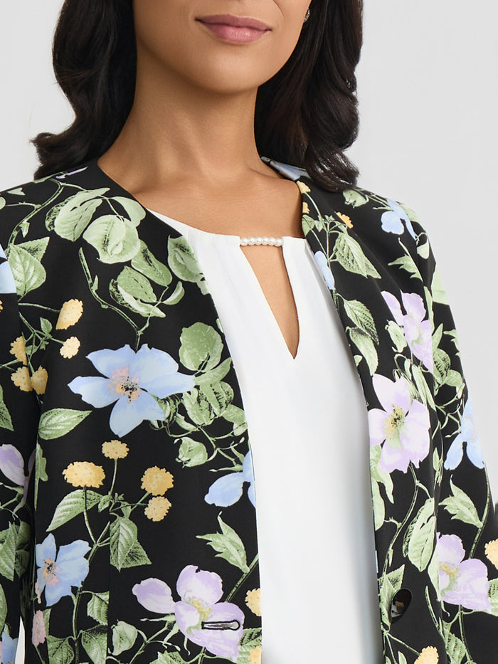Plus Split Sleeve Jacket, Printed Scuba, Black Garden Multi | Kasper