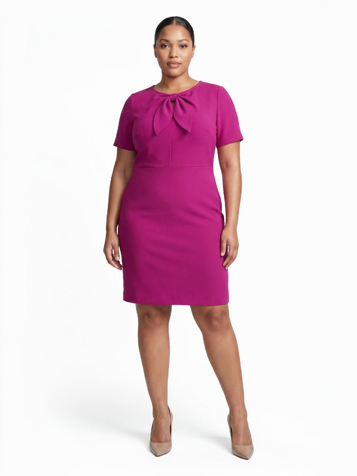 Plus Tie Neck Sheath Dress, Stretch Crepe, Cerise | Kasper