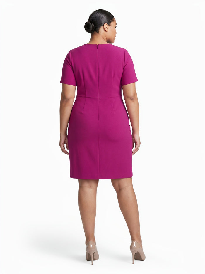 Plus Tie Neck Sheath Dress, Stretch Crepe, Cerise | Kasper