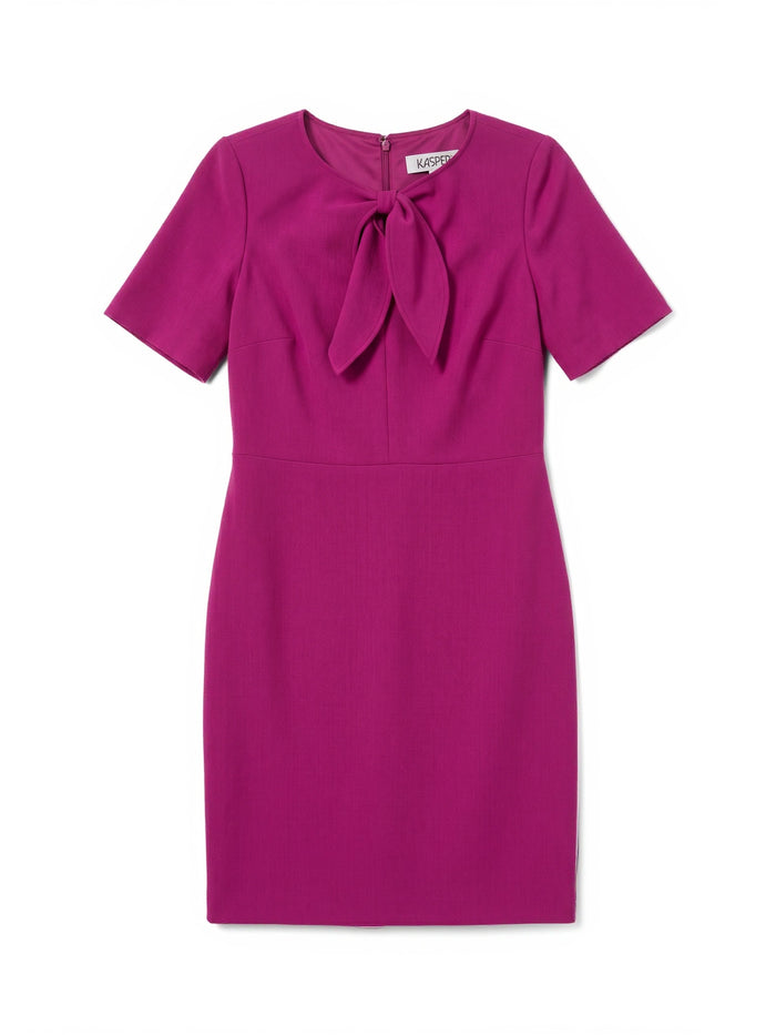 Plus Tie Neck Sheath Dress, Stretch Crepe, Cerise | Kasper