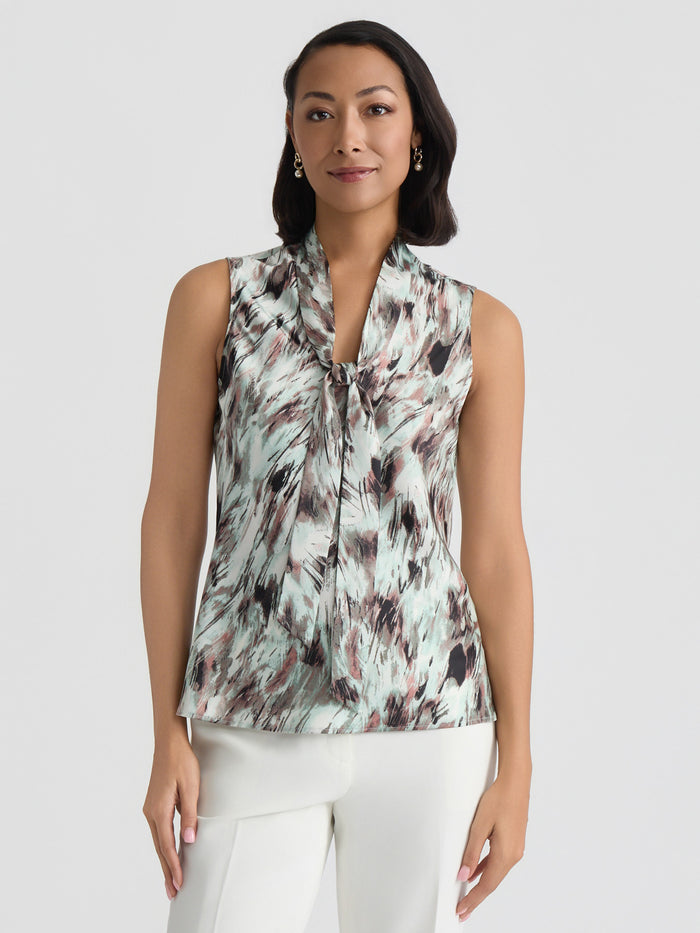 Petite Tie Neck Sleeveless Blouse, Satin, Feathered Sea Glass Multi | Kasper