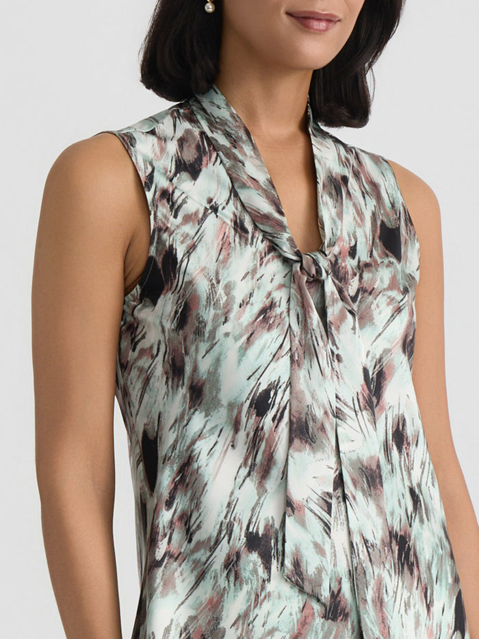 Petite Tie Neck Sleeveless Blouse, Satin, Feathered Sea Glass Multi | Kasper