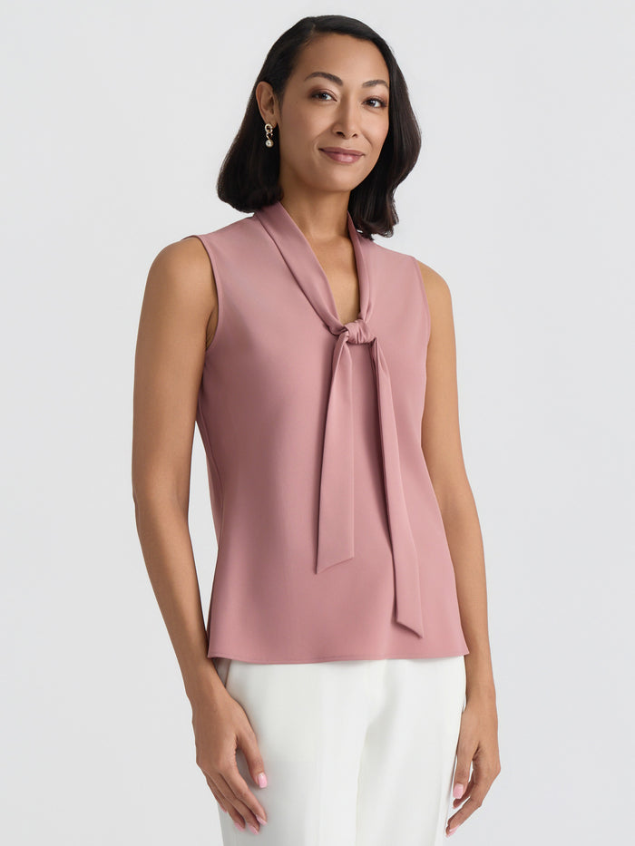 Plus Tie Neck Sleeveless Blouse, Tearose | Kasper