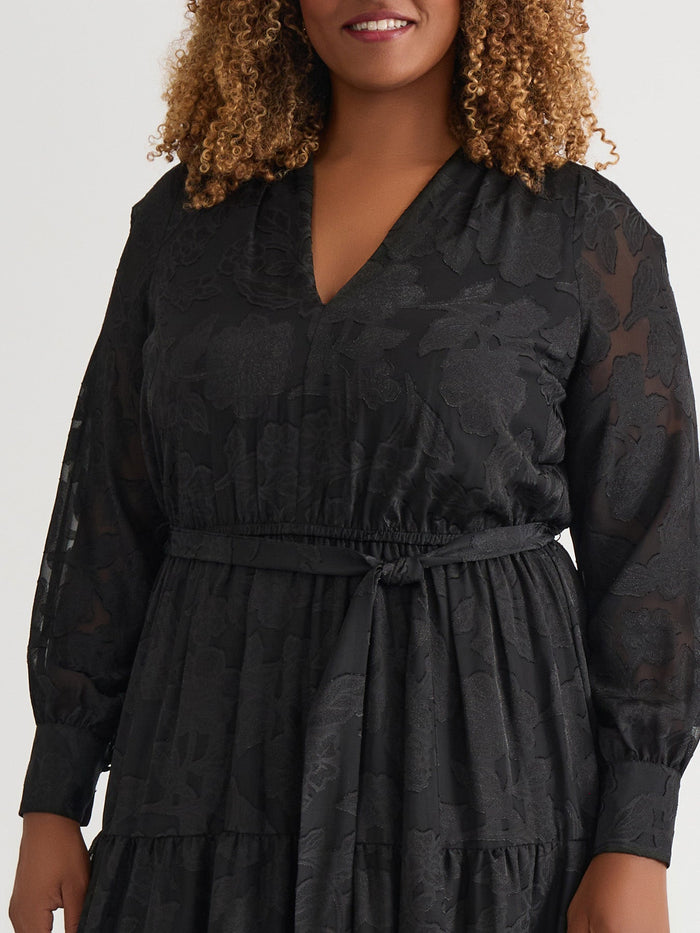 Tiered Burnout Maxi Dress, Black, Black | Kasper