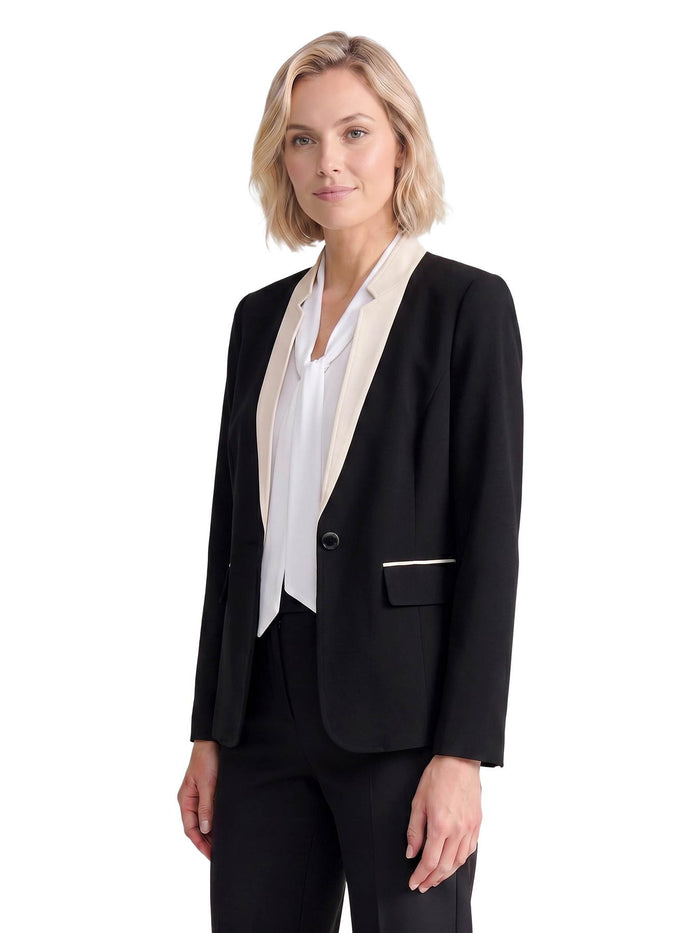Plus Two Tone One Button Jacket, Stretch Crepe, Black/Parchment | Kasper