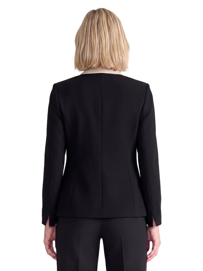 Plus Two Tone One Button Jacket, Stretch Crepe, Black/Parchment | Kasper