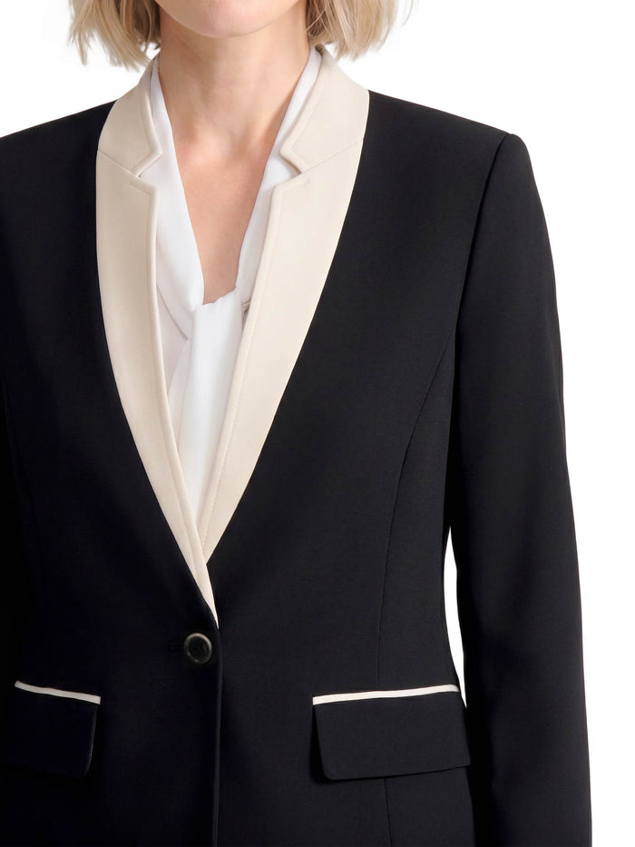 Plus Two Tone One Button Jacket, Stretch Crepe, Black/Parchment | Kasper