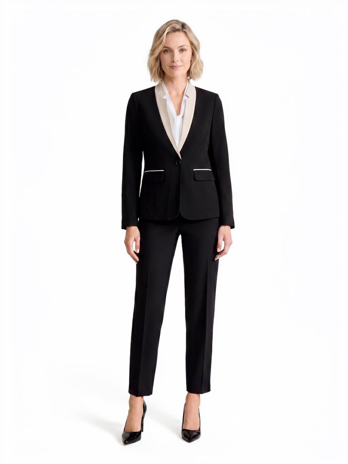 Plus Two Tone One Button Jacket, Stretch Crepe, Black/Parchment | Kasper
