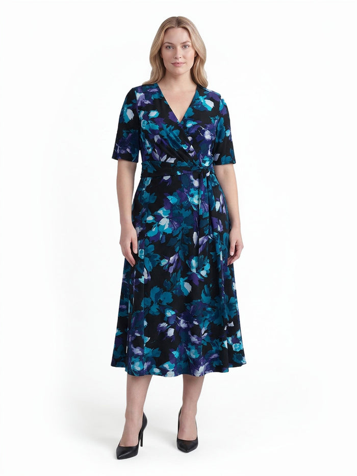 Plus V-Neck Tie Waist Flare Dress, Black/Bottle Teal Leaf Multi | Kasper