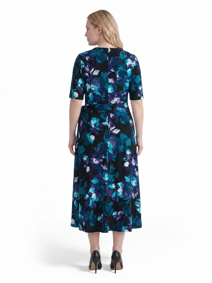 Plus V-Neck Tie Waist Flare Dress, Black/Bottle Teal Leaf Multi | Kasper