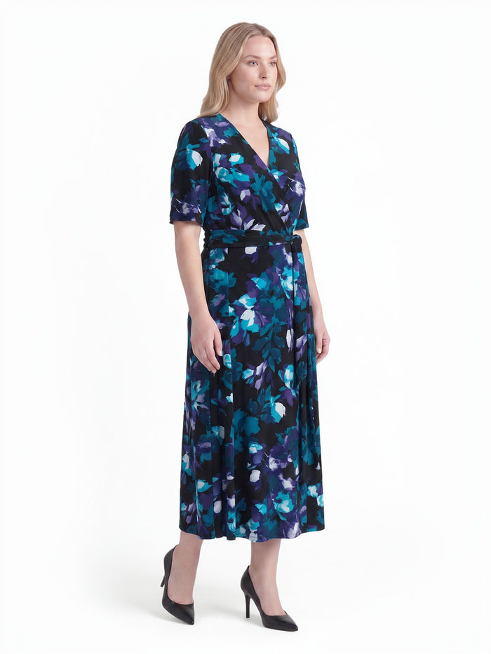 Plus V-Neck Tie Waist Flare Dress, Black/Bottle Teal Leaf Multi | Kasper