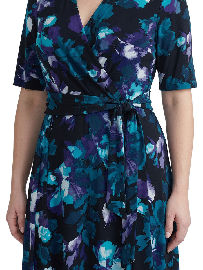 Plus V-Neck Tie Waist Flare Dress, Black/Bottle Teal Leaf Multi | Kasper