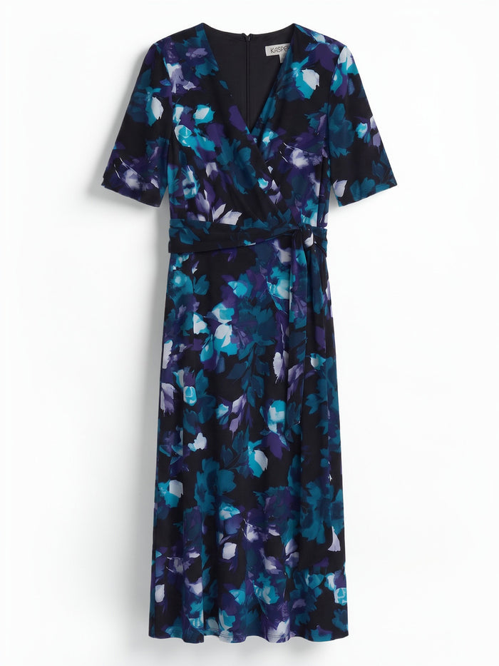 Plus V-Neck Tie Waist Flare Dress, Black/Bottle Teal Leaf Multi | Kasper